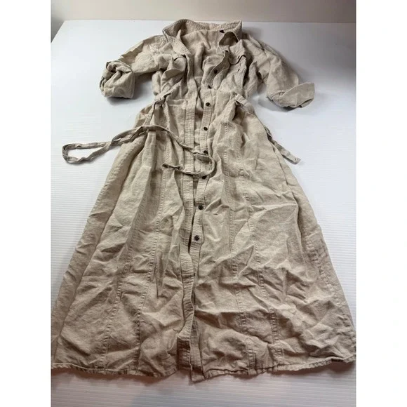 Saks Fifth Avenue Threads 100% Linen Maxi Shirt Dress Beige Tan Size 8 Button Up - Picture 1 of 6